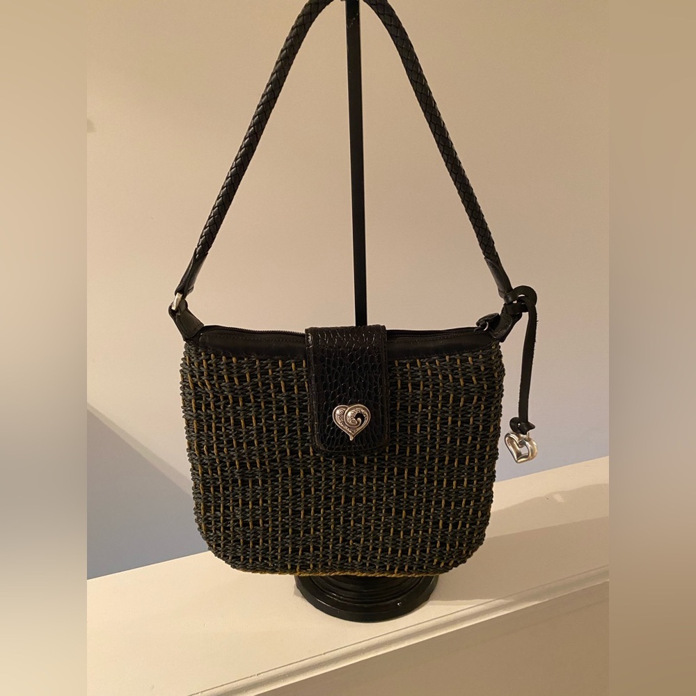 Brighton Vintage Woven Straw and  Black Leather Shoulder Bag with Heart Clasp